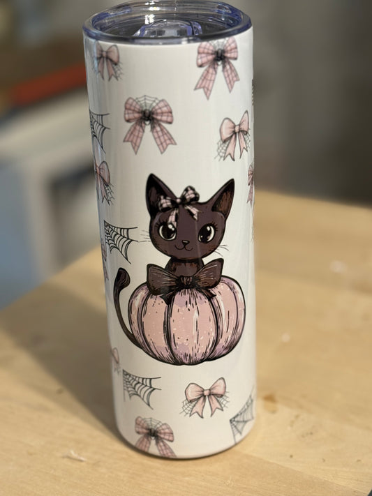 Adorable Kitten on pink pumpkin Tumbler
