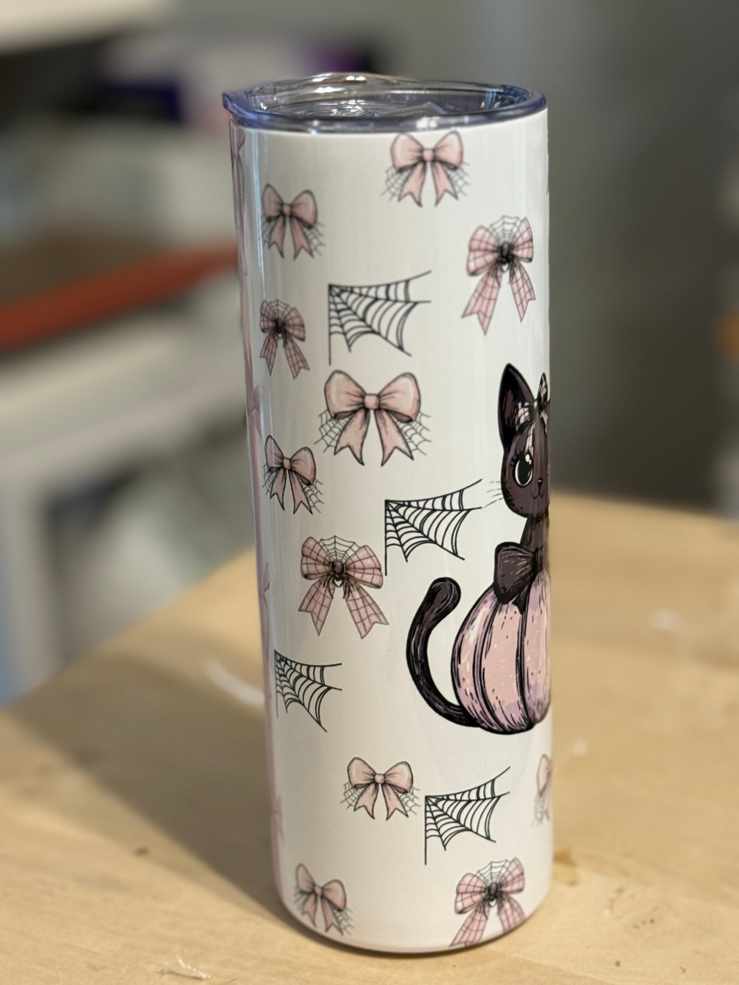 Adorable Kitten on pink pumpkin Tumbler