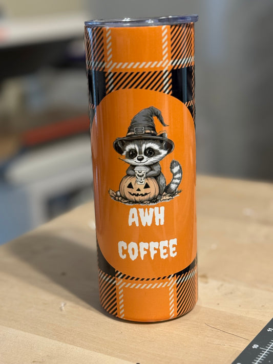 20 oz. Orange Halloween Plaid Raccoon Tumbler Awh Coffee saying