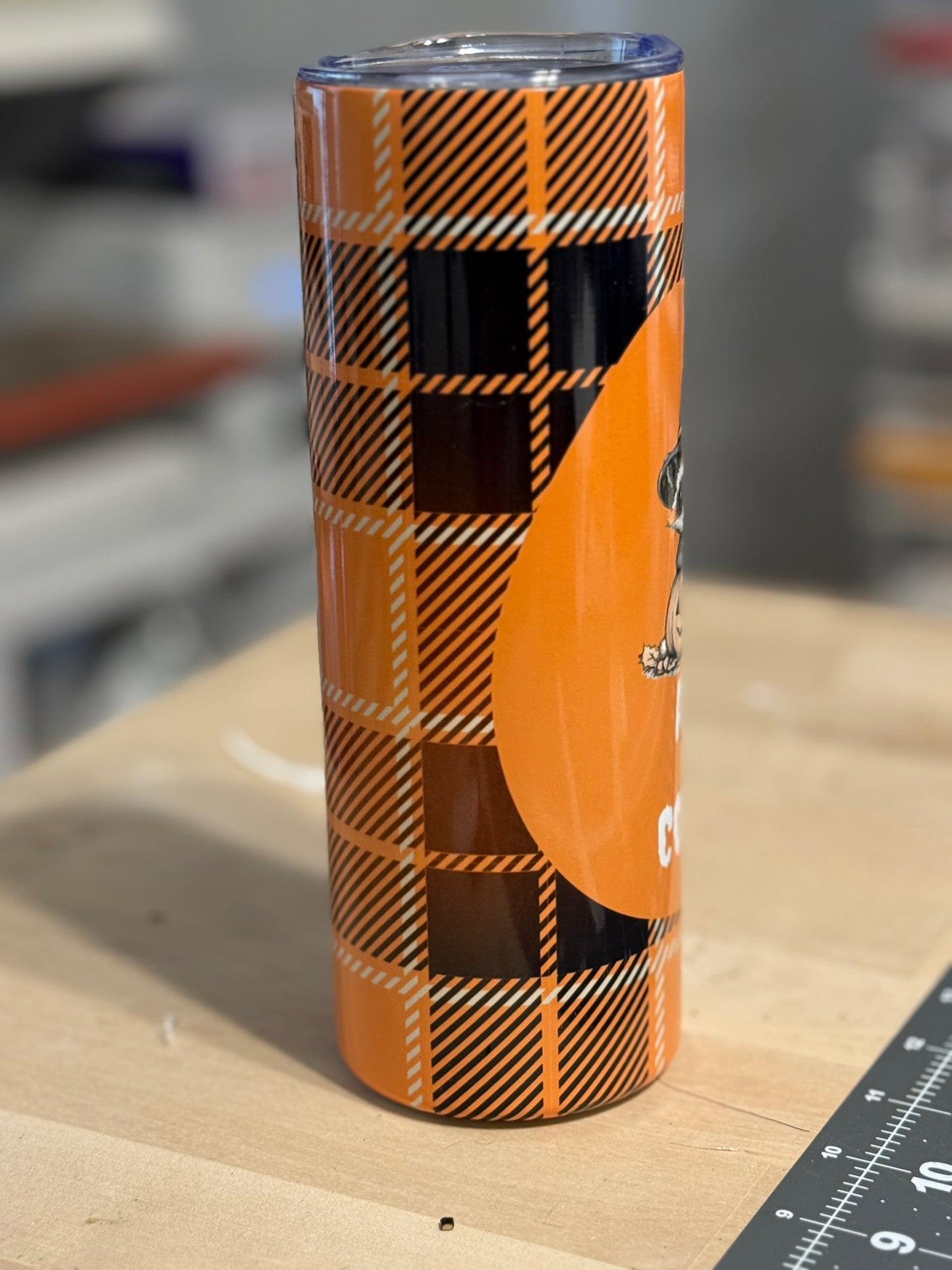 20 oz. Orange Halloween Plaid Raccoon Tumbler Awh Coffee saying