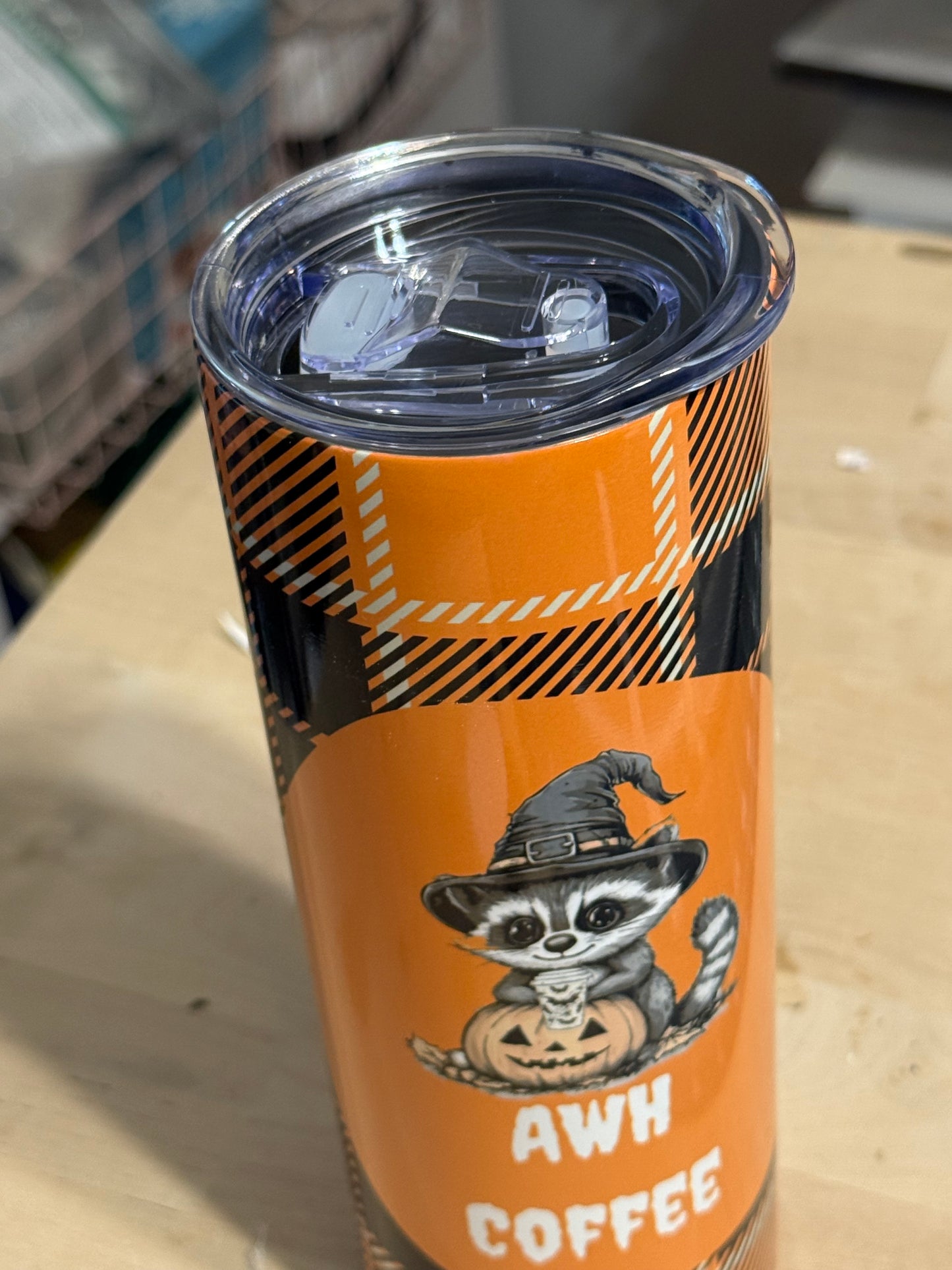 20 oz. Orange Halloween Plaid Raccoon Tumbler Awh Coffee saying