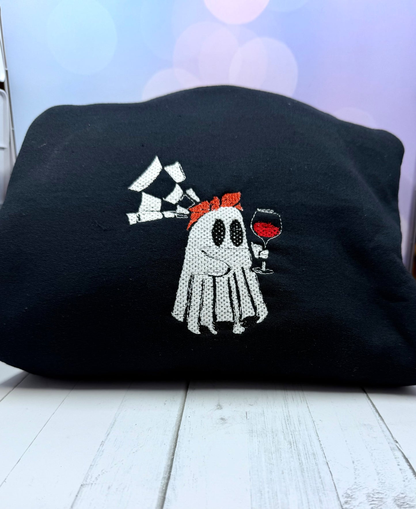 Long sleeve black embroidered crewneck ghost Halloween sweatshirt