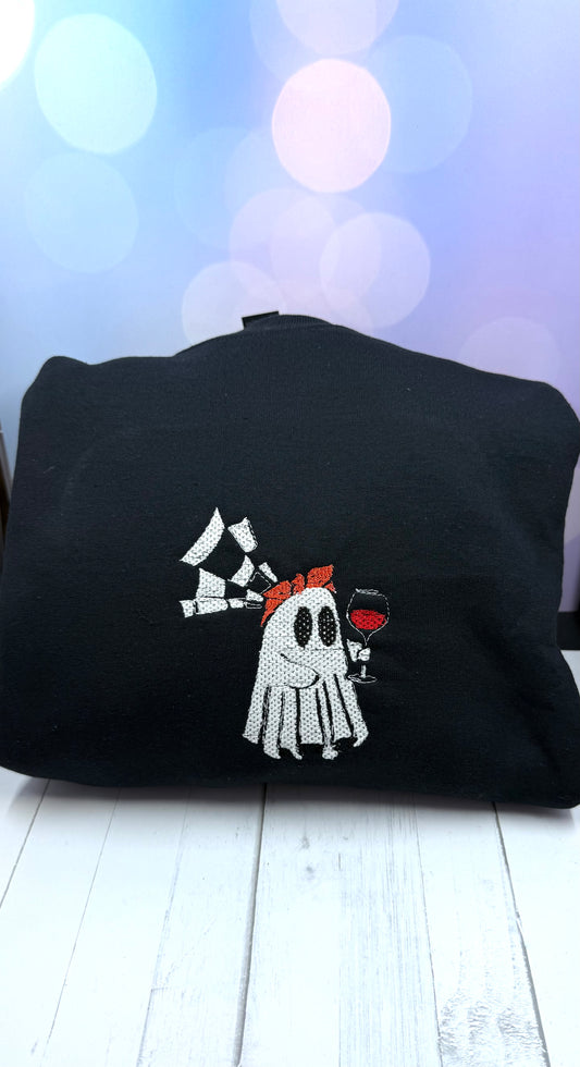 Long sleeve black embroidered crewneck ghost Halloween sweatshirt