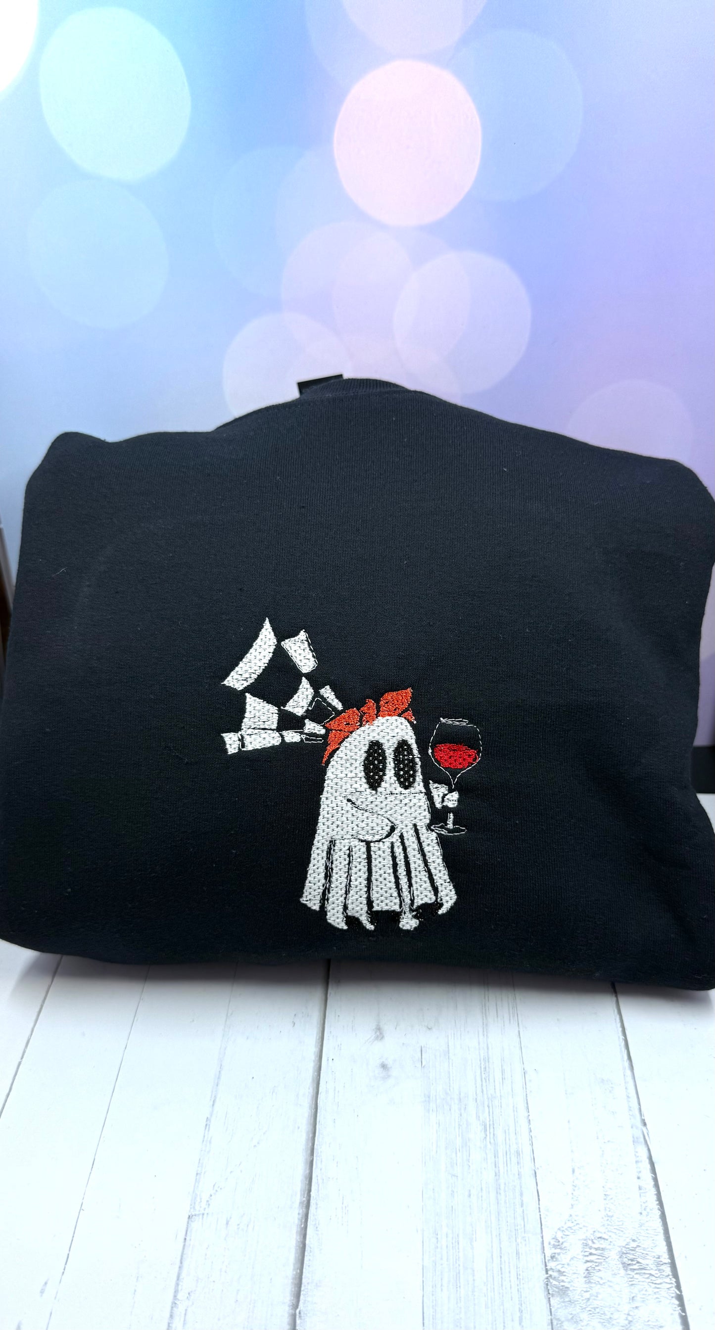 Long sleeve black embroidered crewneck ghost Halloween sweatshirt